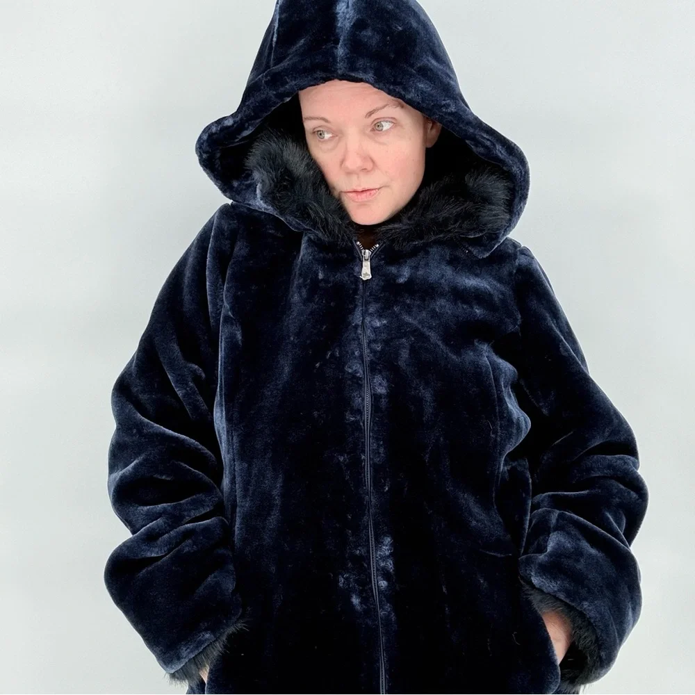Dennis Basso Midnight Navy Blue Faux Fur Coat Jacket Hooded Plush Womens M Lux - Picture 9 of 16